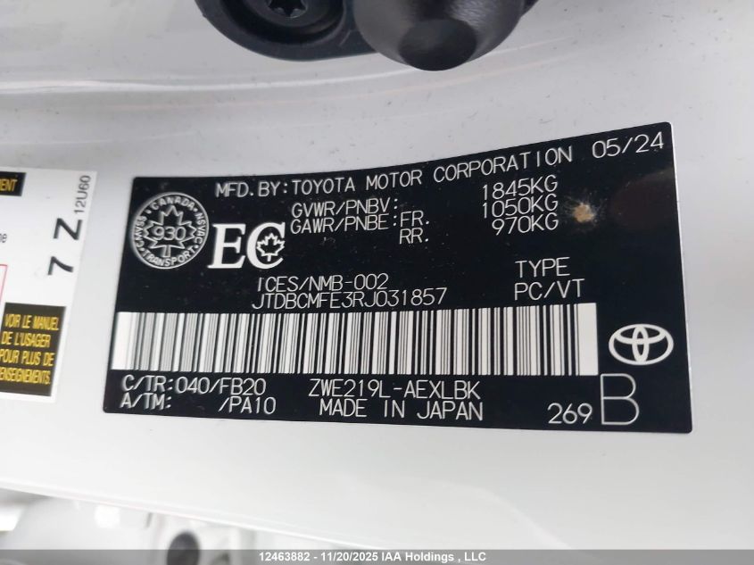 2024 Toyota Corolla Le/Se/Xle/Night Shade VIN: JTDBCMFE3RJ031857 Lot: 12463882