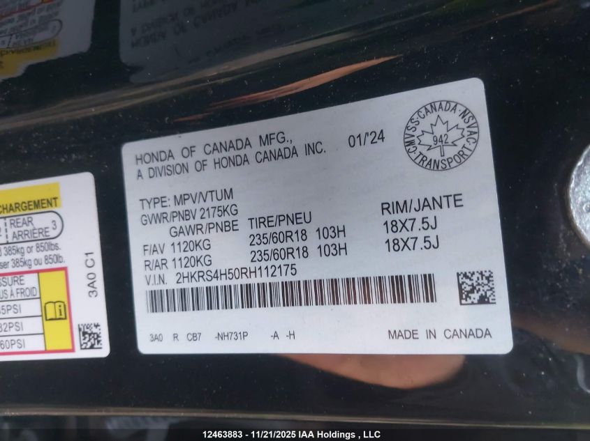 2024 Honda Cr-V Sport VIN: 2HKRS4H50RH112175 Lot: 12463883