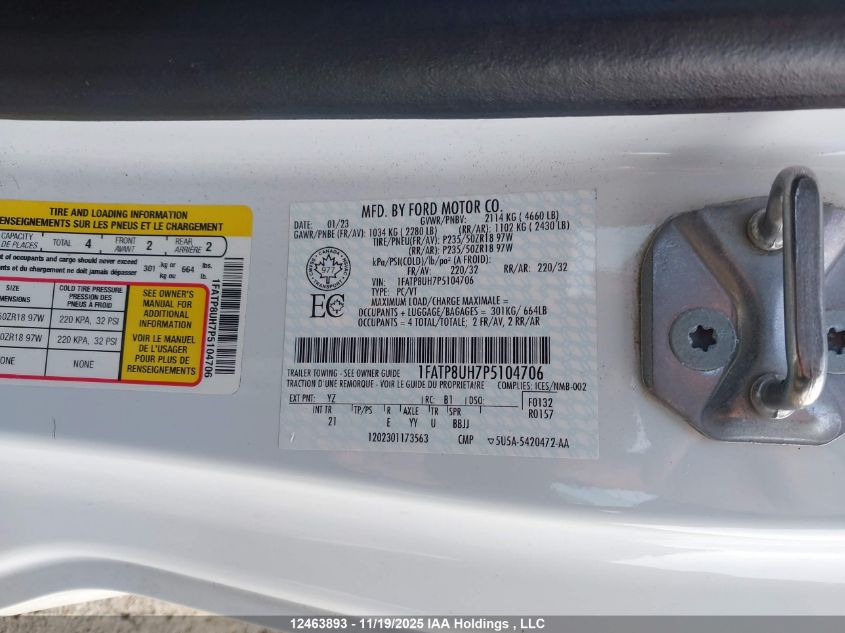 2023 Ford Mustang VIN: 1FATP8UH7P5104706 Lot: 12463893