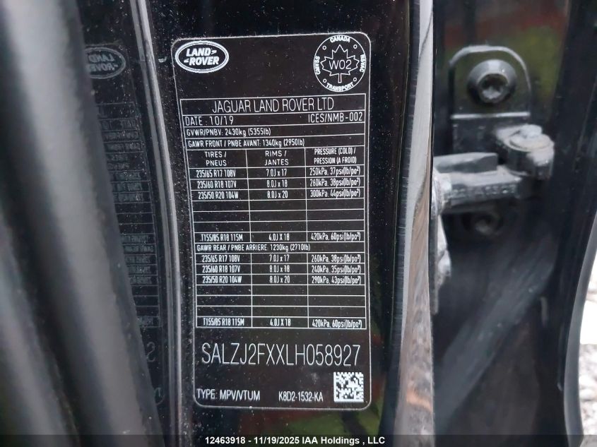 2020 Land Rover Range Rover Evoque VIN: SALZJ2FXXLH058927 Lot: 12463918