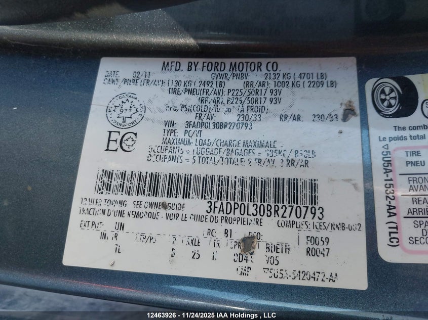 3FADP0L30BR270793 2011 FORD FUSION photo no. 9