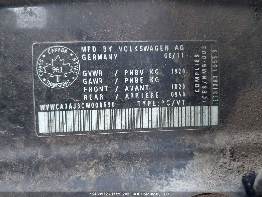 2012 Volkswagen Golf 2.5L Comfortline/2.5L Highline/2.5L Sportline/2.5L Trendline VIN: WVWCA7AJ3CW008590 Lot: 12463932