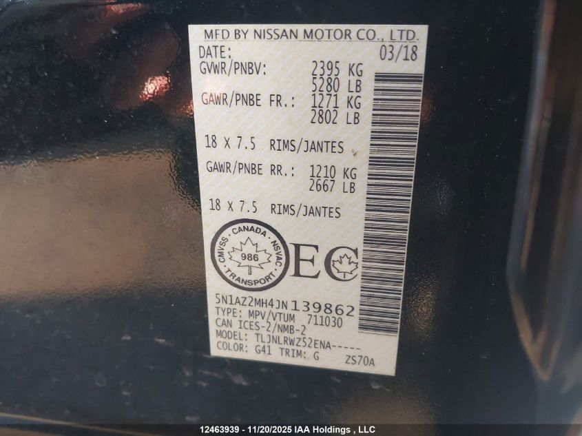 2018 Nissan Murano Midnight Edition/Platinum/Sl/Sv VIN: 5N1AZ2MH4JN139862 Lot: 12463939