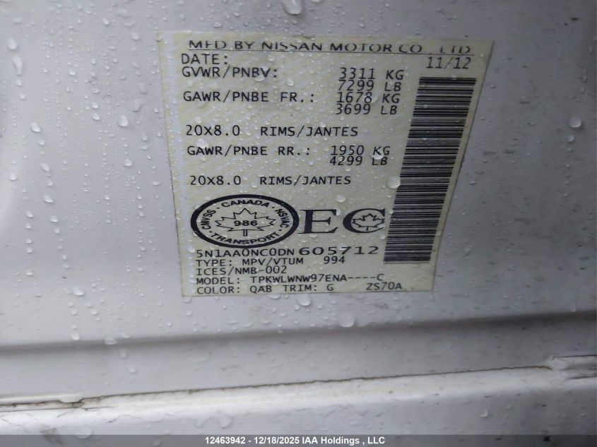 2013 Nissan Armada Sv/Sl/Platinum VIN: 5N1AA0NC0DN605712 Lot: 12463942