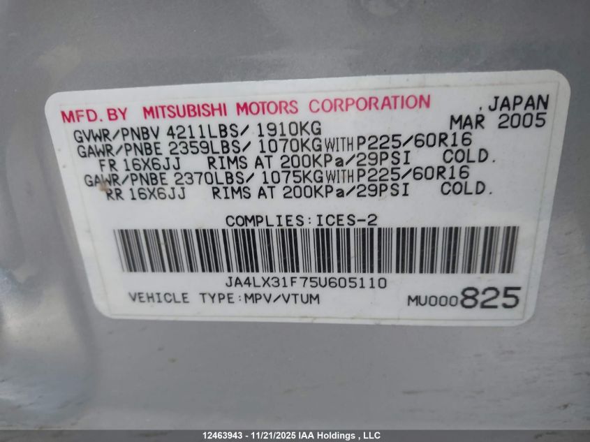 2005 Mitsubishi Outlander Ls VIN: JA4LX31F75U605110 Lot: 12463943