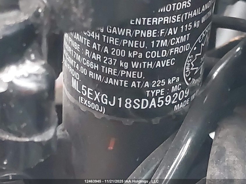 2025 Kawasaki Ex500 A/B VIN: ML5EXGJ18SDA59209 Lot: 12463945