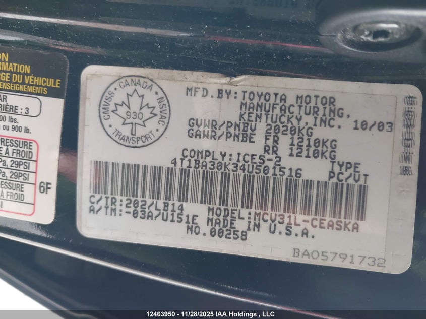 4T1BA30K34U501516 2004 TOYOTA CAMRY photo no. 9
