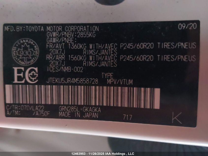 2021 Toyota 4Runner VIN: JTEKU5JR4M5858728 Lot: 12463953