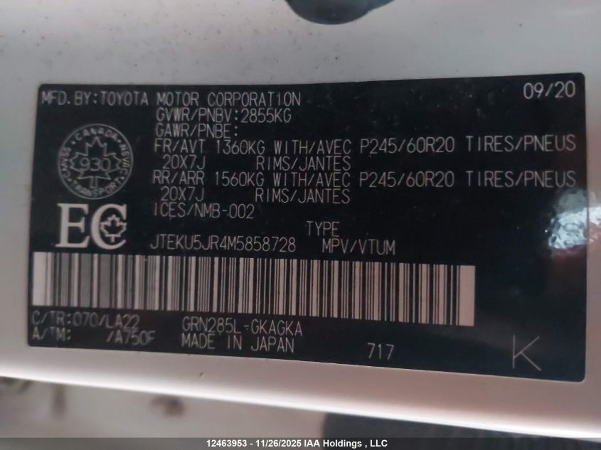 2021 Toyota 4Runner VIN: JTEKU5JR4M5858728 Lot: 12463953