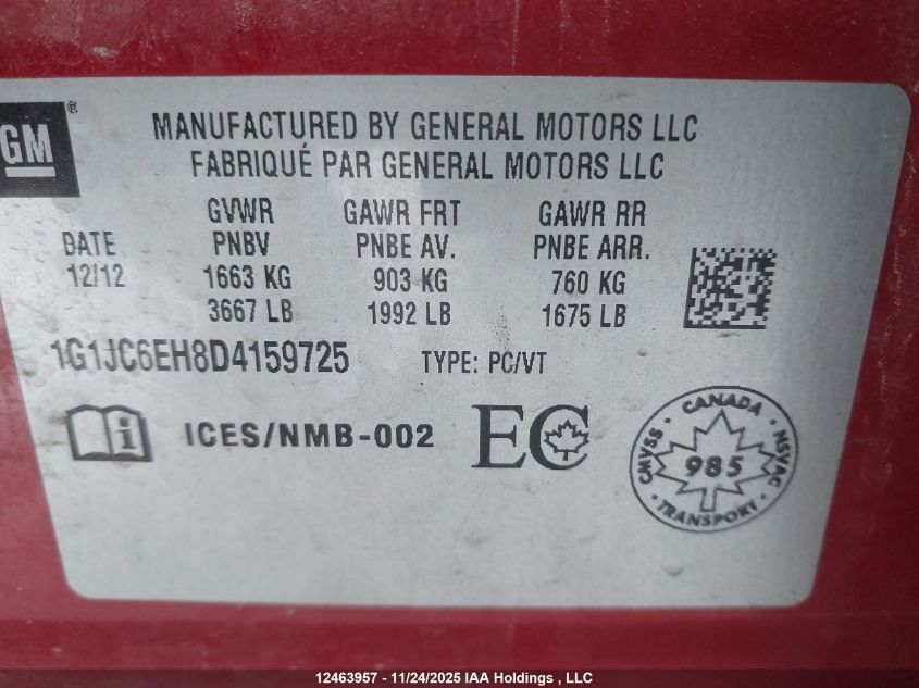 2013 Chevrolet Sonic Lt VIN: 1G1JC6EH8D4159725 Lot: 12463957