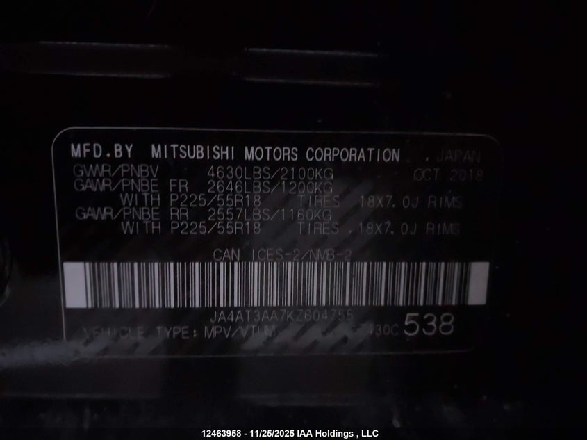 JA4AT3AA7KZ604755 2019 MITSUBISHI ECLIPSE photo no. 9