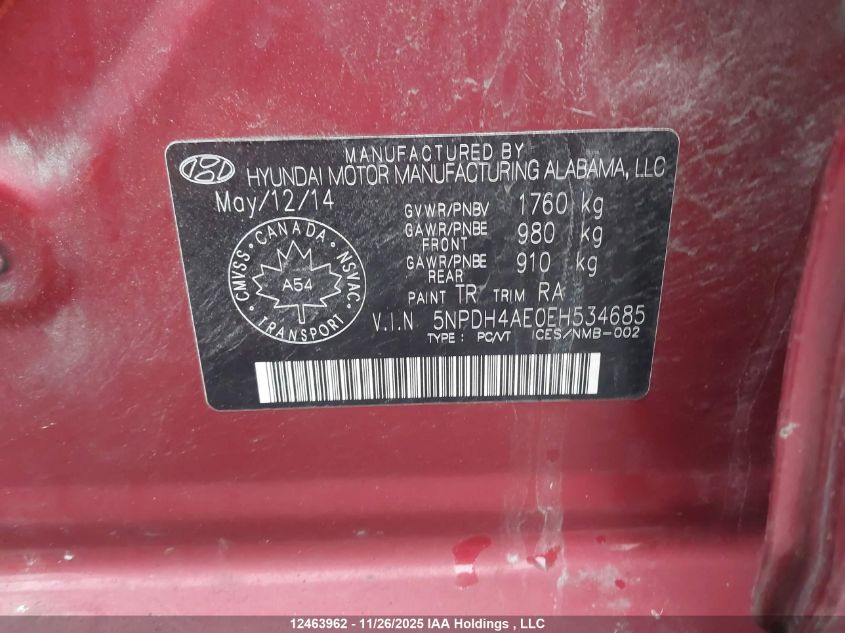 2014 Hyundai Elantra Se/Sport/Limited VIN: 5NPDH4AE0EH534685 Lot: 12463962