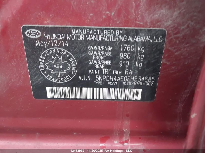 2014 Hyundai Elantra Se/Sport/Limited VIN: 5NPDH4AE0EH534685 Lot: 12463962