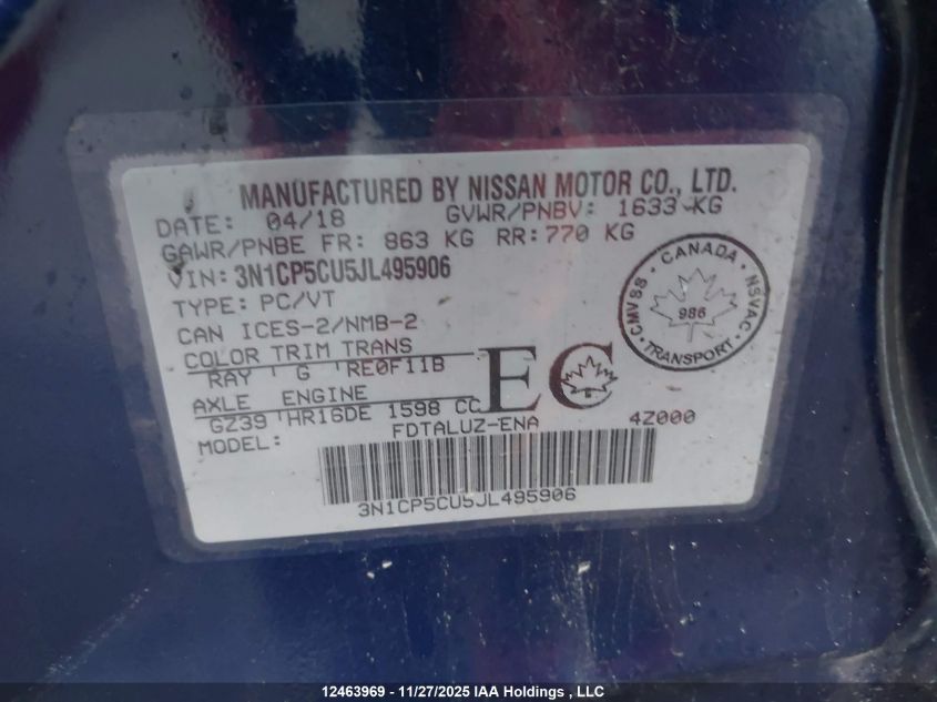 2018 Nissan Kicks S/Sr/Sv VIN: 3N1CP5CU5JL495906 Lot: 12463969