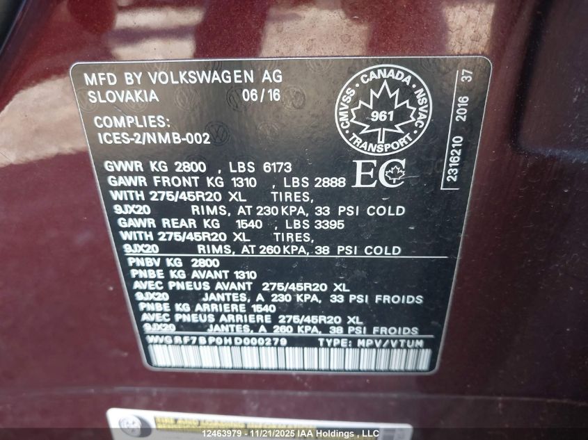 2017 Volkswagen Touareg 3.6L Wolfsburg Edition VIN: WVGRF7BP0HD000279 Lot: 12463979