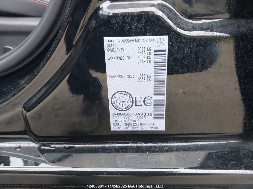 2025 Nissan Altima Sr VIN: 1N4BL4CW9SN349838 Lot: 12463981