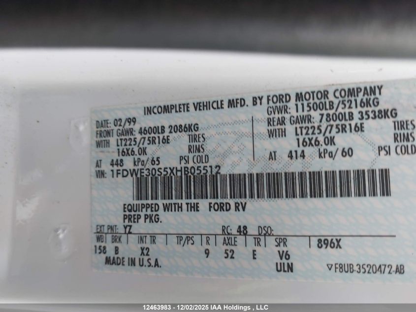 1999 Ford VIN: 1FDWE30S5XHB05512 Lot: 12463983