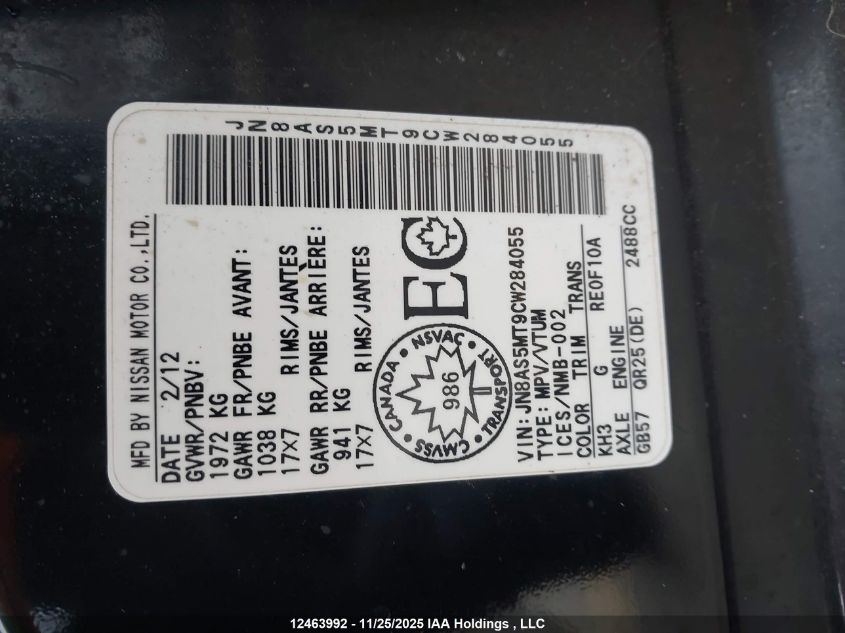 2012 Nissan Rogue VIN: JN8AS5MT9CW284055 Lot: 12463992