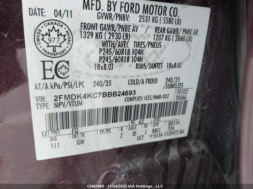 2FMDK4KC7BBB24693 2011 FORD EDGE photo no. 9
