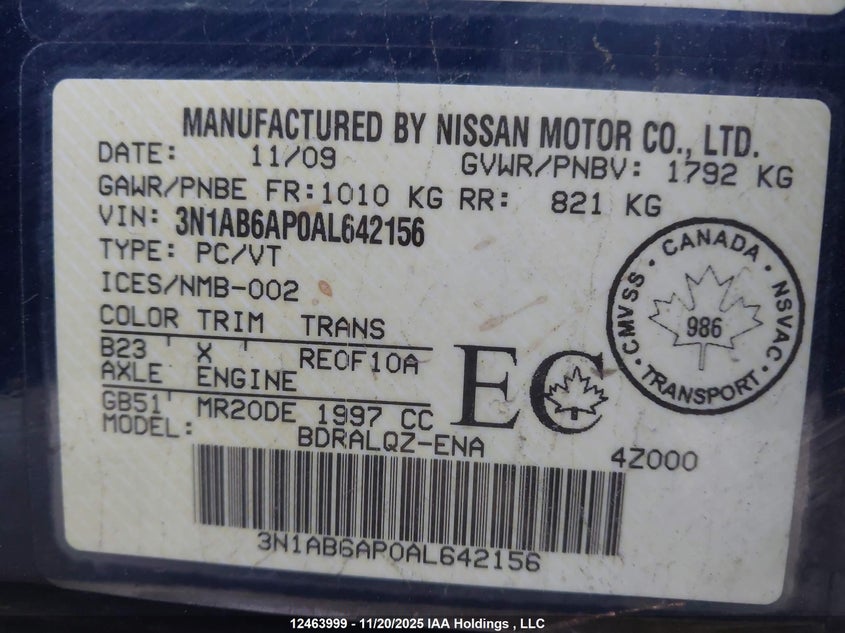 2010 Nissan Sentra 2.0 VIN: 3N1AB6AP0AL642156 Lot: 12463999