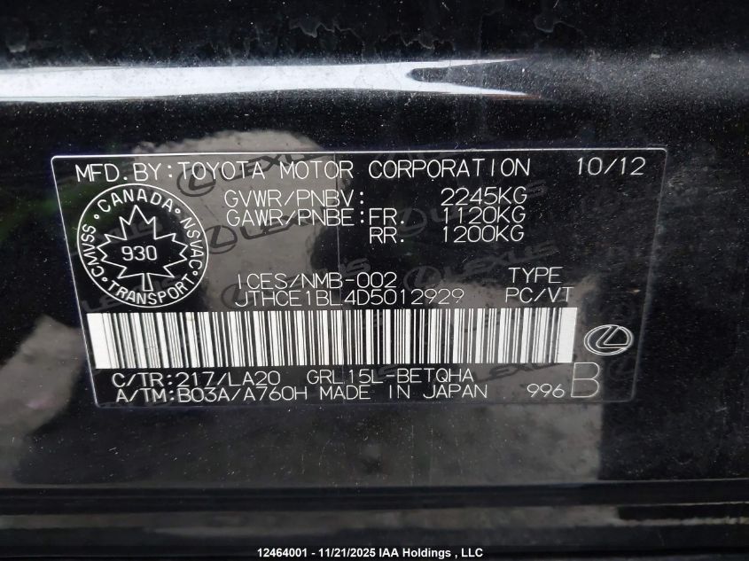 2013 Lexus Gs 350 350 VIN: JTHCE1BL4D5012929 Lot: 12464001