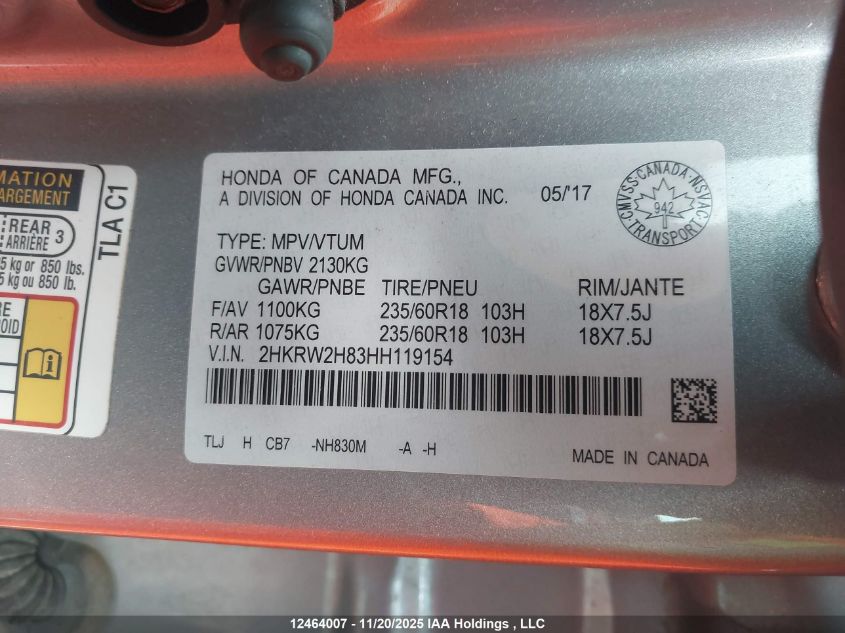 2017 Honda Cr-V Exl VIN: 2HKRW2H83HH119154 Lot: 12464007