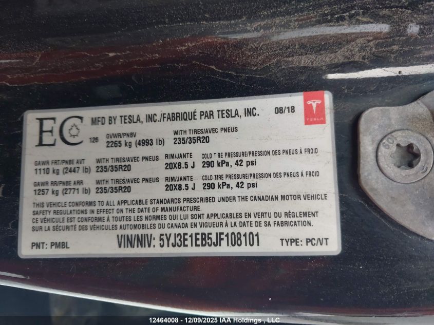 2018 Tesla Model 3 Long Range/Performance VIN: 5YJ3E1EB5JF108101 Lot: 12464008