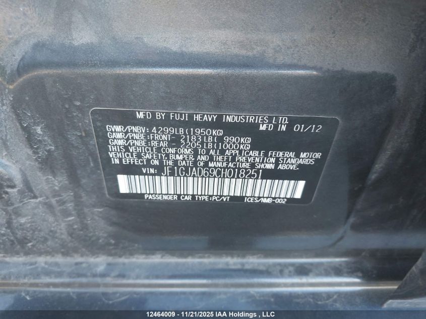 2012 Subaru Impreza 2.0I Touring Package VIN: JF1GJAD69CH018251 Lot: 12464009