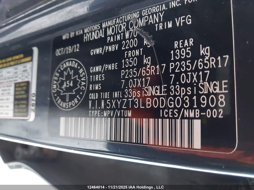 2013 Hyundai Santa Fe Sport VIN: 5XYZT3LB0DG031908 Lot: 12464014