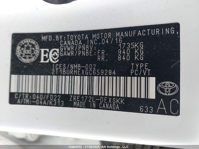 2016 Toyota Corolla S VIN: 2T1BURHEXGC659284 Lot: 12464022