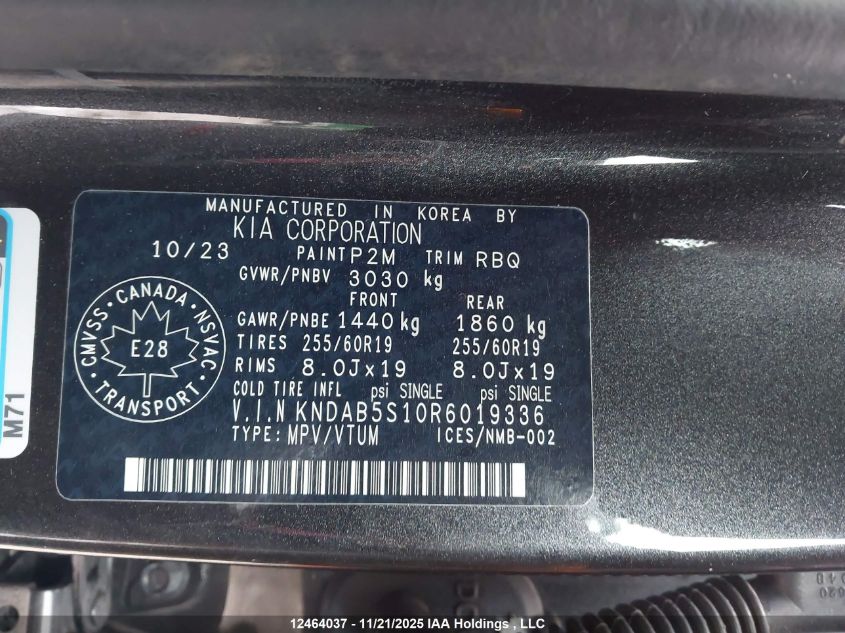 2024 Kia Ev9 Light VIN: KNDAB5S10R6019336 Lot: 12464037
