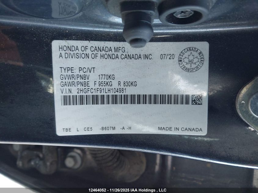 2020 Honda Civic Sedan VIN: 2HGFC1F91LH104981 Lot: 12464052