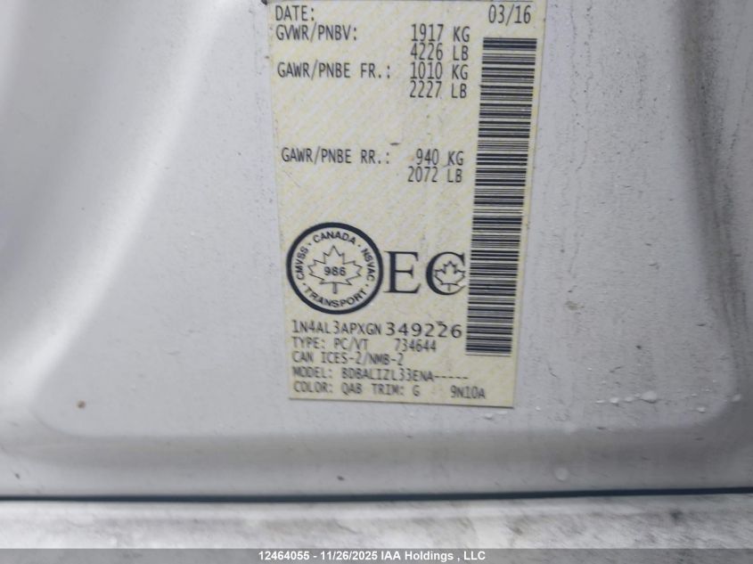 2016 Nissan Altima 2.5/S/Sv/Sl/Sr VIN: 1N4AL3APXGN349226 Lot: 12464055