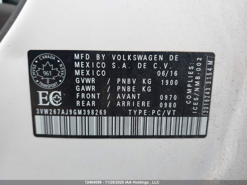 2016 Volkswagen Jetta 1.4 Tsi Trendline/1.4 Tsi Trendline+ VIN: 3VW267AJ9GM398269 Lot: 12464059