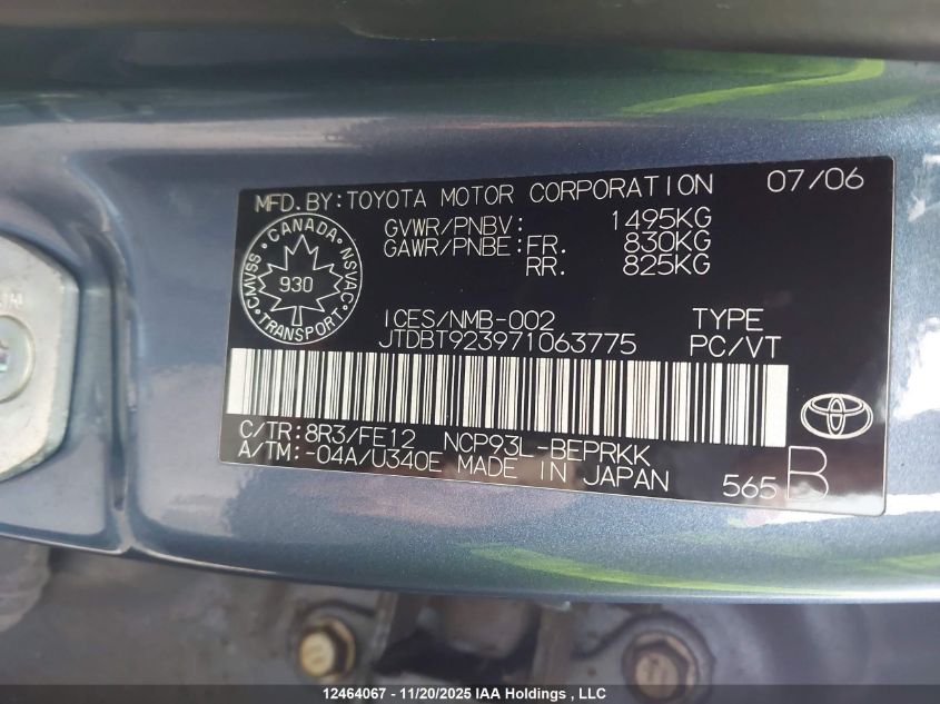 2007 Toyota Yaris VIN: JTDBT923971063775 Lot: 12464067