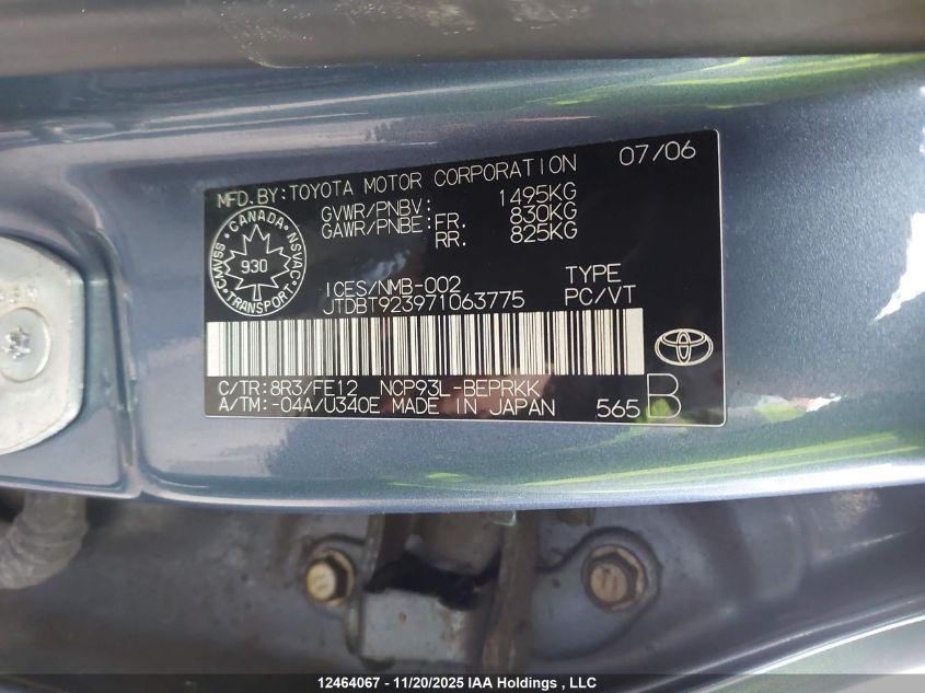 2007 Toyota Yaris VIN: JTDBT923971063775 Lot: 12464067