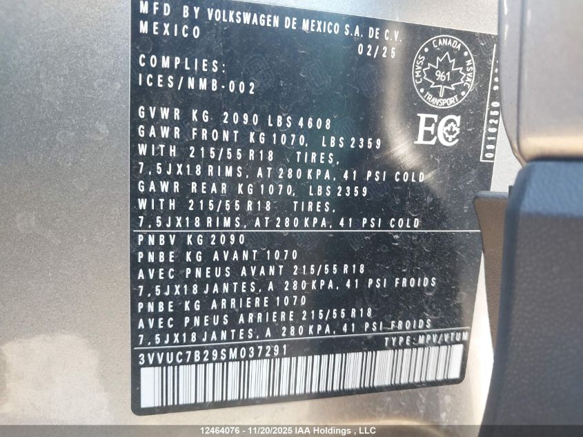 2025 Volkswagen Taos Se VIN: 3VVUC7B29SM037291 Lot: 12464076