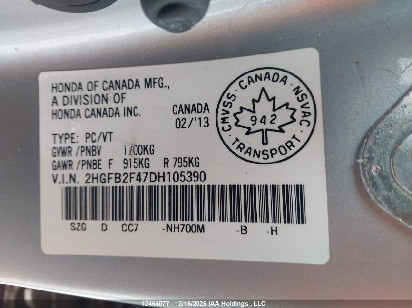 2013 Honda Civic Lx VIN: 2HGFB2F47DH105390 Lot: 12464077