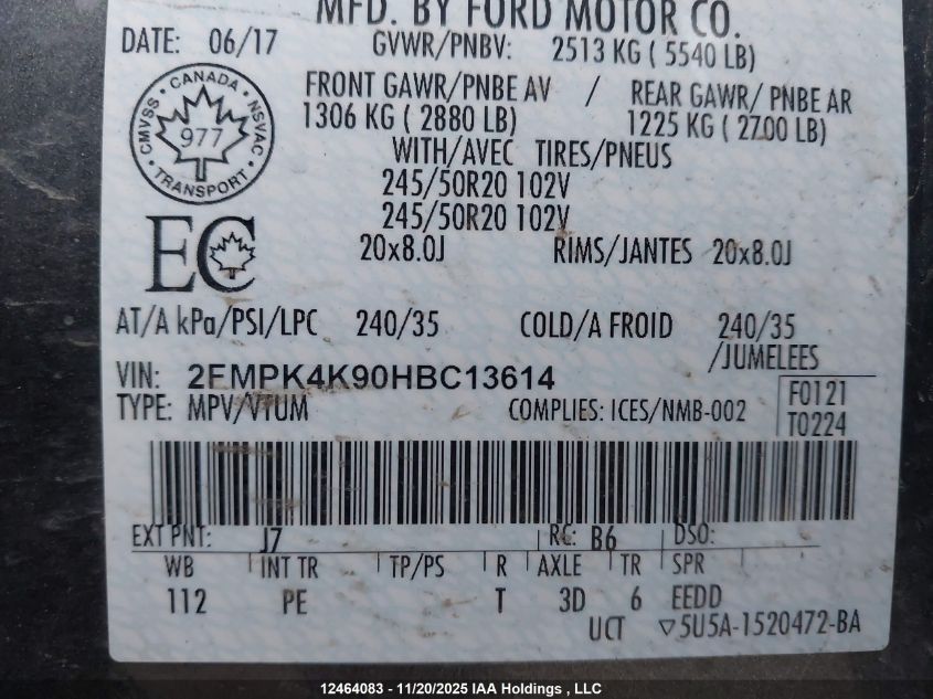 2017 Ford Edge Titanium VIN: 2FMPK4K90HBC13614 Lot: 12464083
