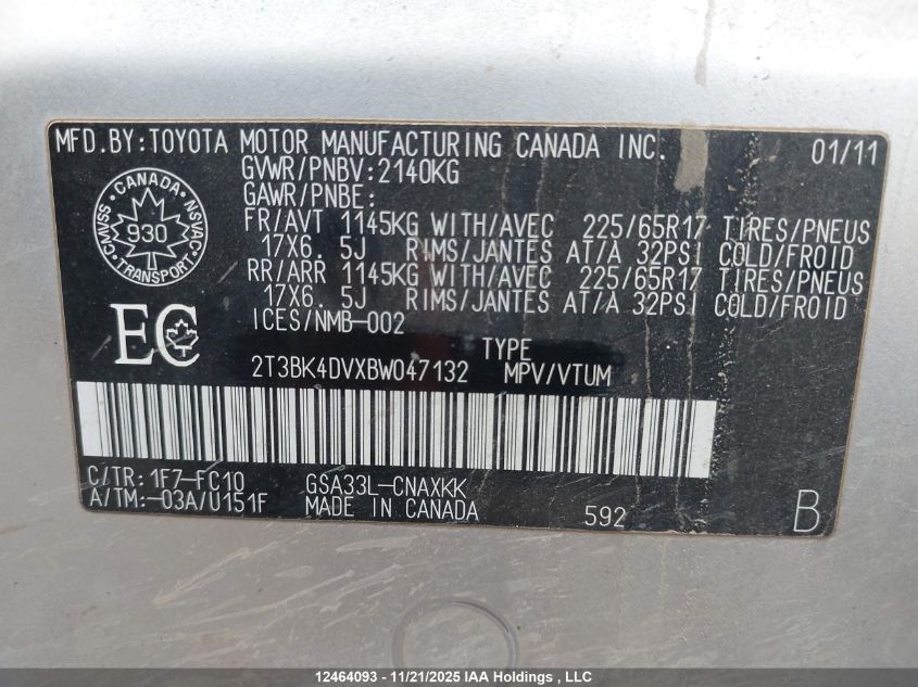 2011 Toyota Rav4 VIN: 2T3BK4DVXBW047132 Lot: 12464093