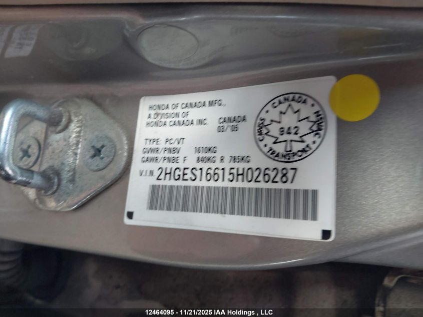 2005 Honda Civic Lx-G VIN: 2HGES16615H026287 Lot: 12464095