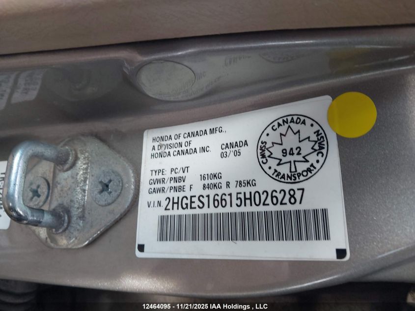 2005 Honda Civic Lx-G VIN: 2HGES16615H026287 Lot: 12464095