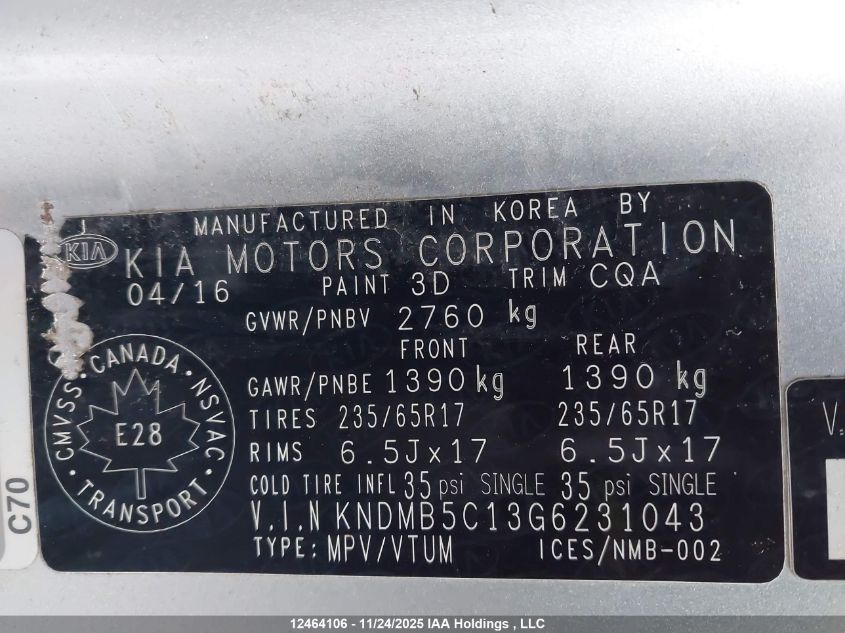 2016 Kia Sedona Lx/Lx+ VIN: KNDMB5C13G6231043 Lot: 12464106