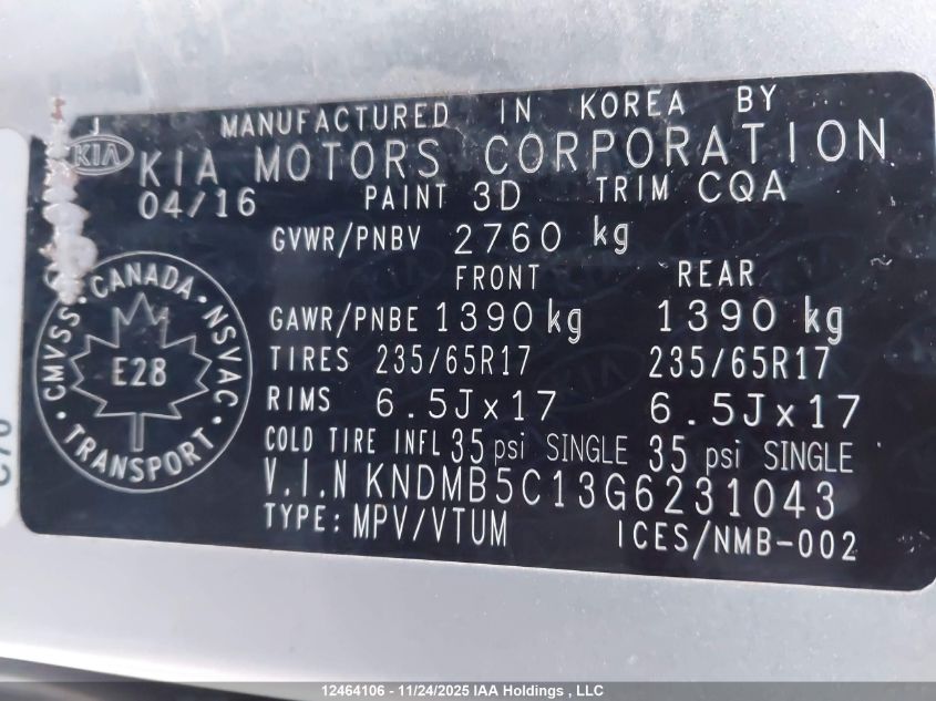 2016 Kia Sedona Lx/Lx+ VIN: KNDMB5C13G6231043 Lot: 12464106