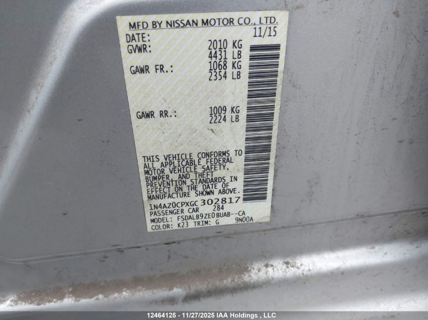 2016 Nissan Leaf S VIN: 1N4AZ0CPXGC302817 Lot: 12464125