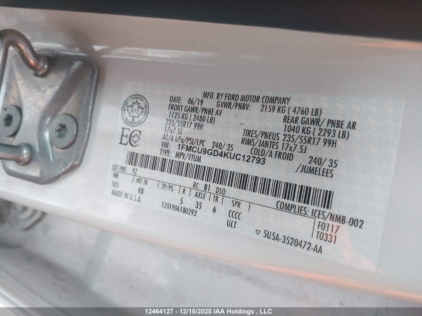 2019 Ford Escape Se VIN: 1FMCU9GD4KUC12793 Lot: 12464127