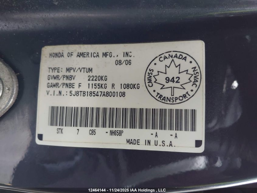 2007 Acura Rdx Technology VIN: 5J8TB18547A800108 Lot: 12464144