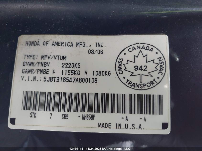 2007 Acura Rdx Technology VIN: 5J8TB18547A800108 Lot: 12464144