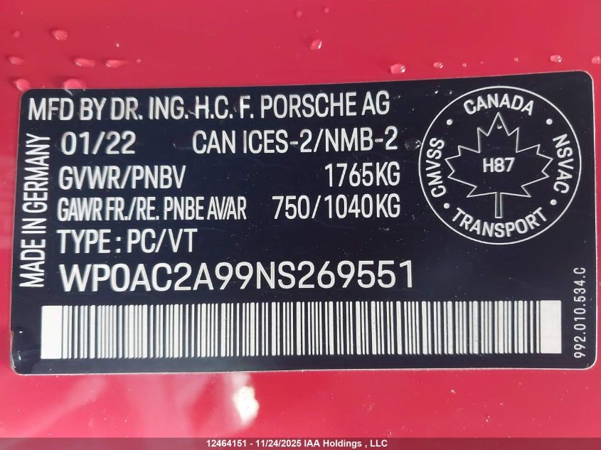 2022 Porsche 911 Gt3/Gt3 W/Touring Package VIN: WP0AC2A99NS269551 Lot: 12464151