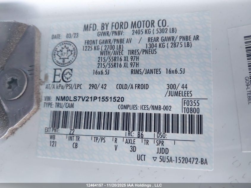 2023 Ford Transit Connect Xl VIN: NM0LS7V21P1551520 Lot: 12464157